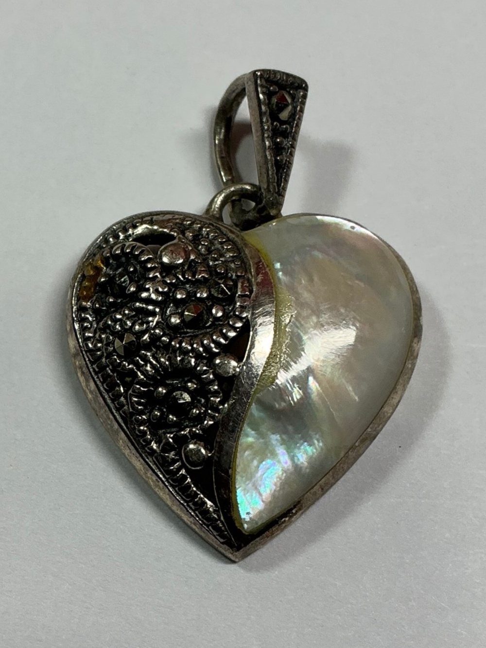 Vintage Sterling Silver FAS Marcasite and MOP Pendant. 1 inch long